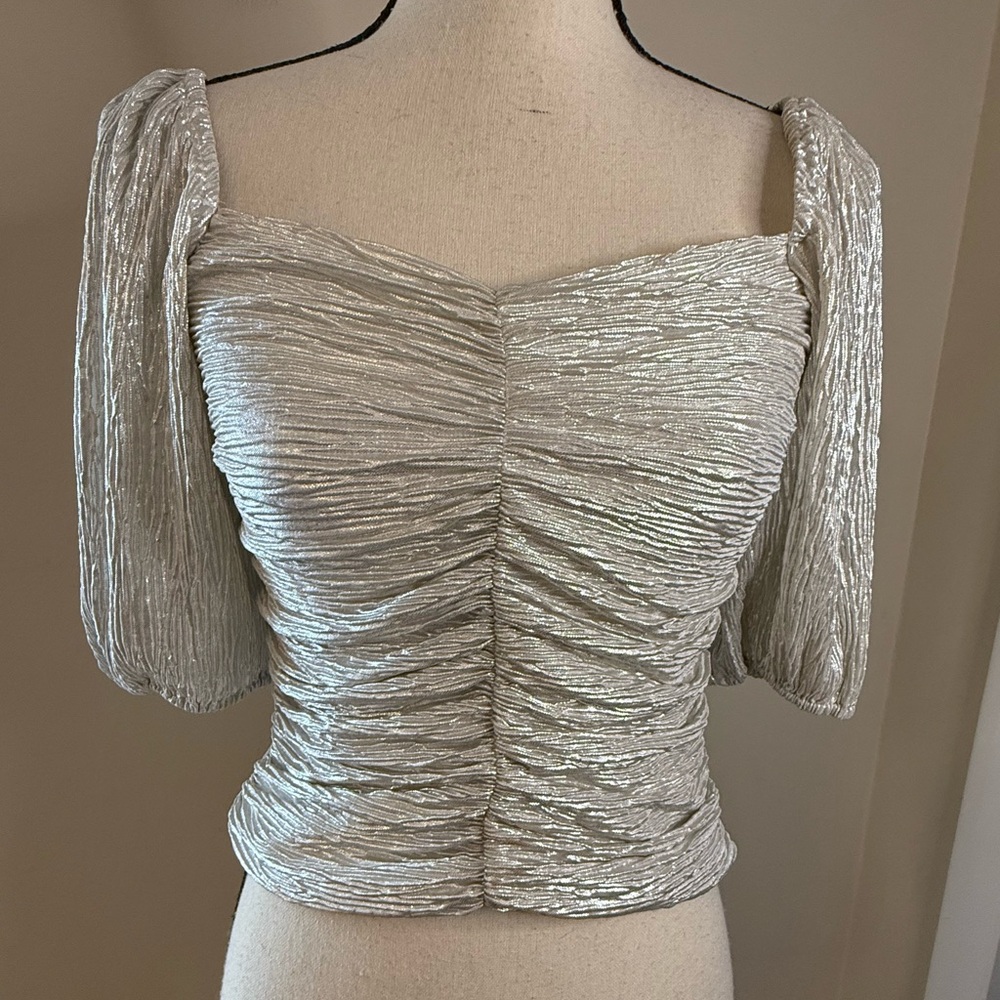 Lulus silver shimmery crop top shirred ruching SZ SM
